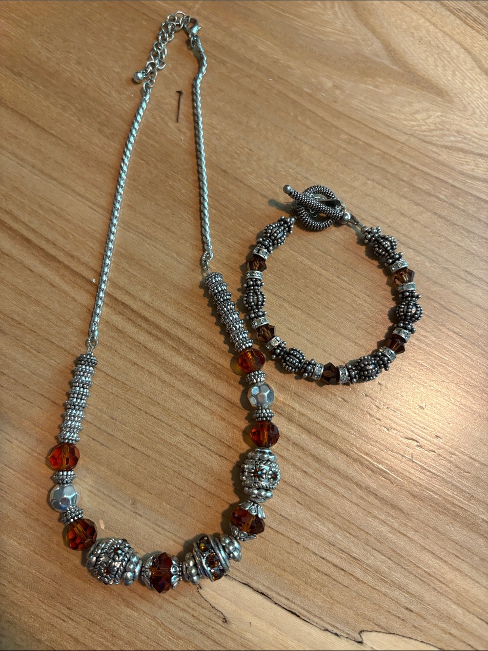 Silver Tone Necklace & Bracelet Set with Amber Beads